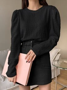 DAZY Blusa unicolor de manga farol con textura - Negro - Ver 5