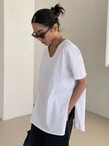 DAZY Scoop Neck Split Side Tee - White - View 8