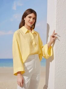 Seusyu Solid Drop Shoulder Shirt,Long Sleeve Tops