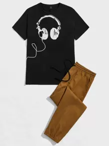 Manfinity VCAY 男士耳機圖案T恤和腰部抽繩長褲 - 彩色 - 查看 3