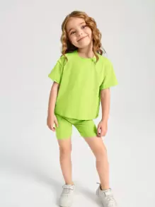SHEIN Kleines Mädchen Neon Limone Drop Schulter Top & Biker Shorts Set