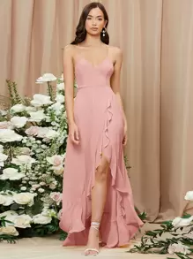 SHEIN Belle Ruffle Trim Lace Up Backless Asymmetrical Hem Cami Bridesmaid Dress - Dusty Pink - View 1