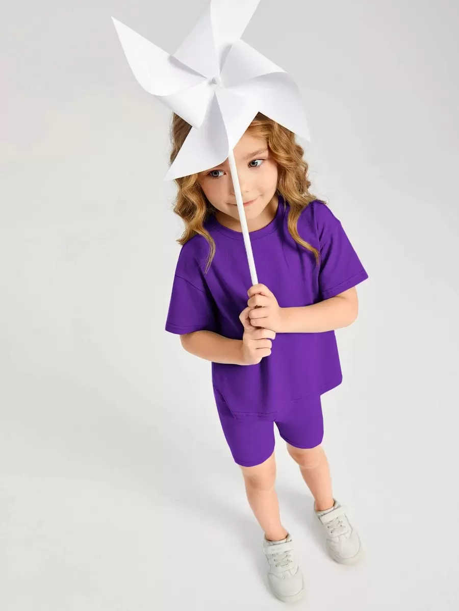 SHEIN Young Girl Cotton Drop Shoulder Top & Biker Shorts Set