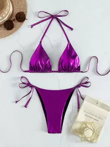 Swim Vcay Tie Side Halter Triangle Bikini,Summer Beach - Purple - View 1