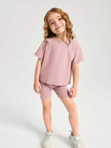 SHEIN Young Girl Cotton Drop Shoulder Top & Biker Shorts Set