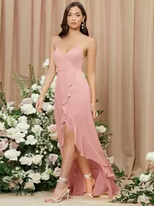 SHEIN Belle Ruffle Trim Lace Up Backless Asymmetrical Hem Cami Bridesmaid Dress - Dusty Pink - View 5