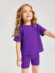 SHEIN Young Girl Cotton Drop Shoulder Top & Biker Shorts Set