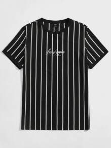 GENTILAND Men Striped & Letter Graphic T-Shirt - Black - View 1