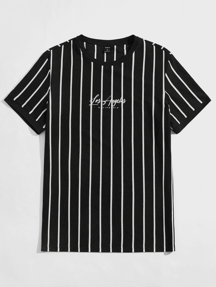 GENTILAND Men Striped & Letter Graphic T-Shirt - Black - View 1