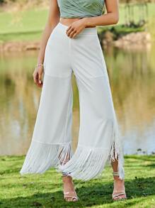 Modelyn Fringe Hem Wide Leg Trousers - White - View 1