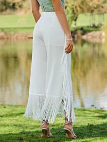 Modelyn Fringe Hem Wide Leg Trousers - White - View 2
