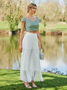 Modelyn Fringe Hem Wide Leg Trousers - White - View 4