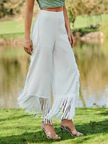 Modelyn Fringe Hem Wide Leg Trousers - White - View 5