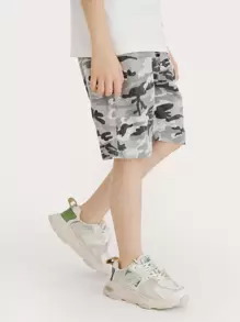 Niños Shorts con estampado de camuflaje de cintura con cordón - Multicolor - Ver 1