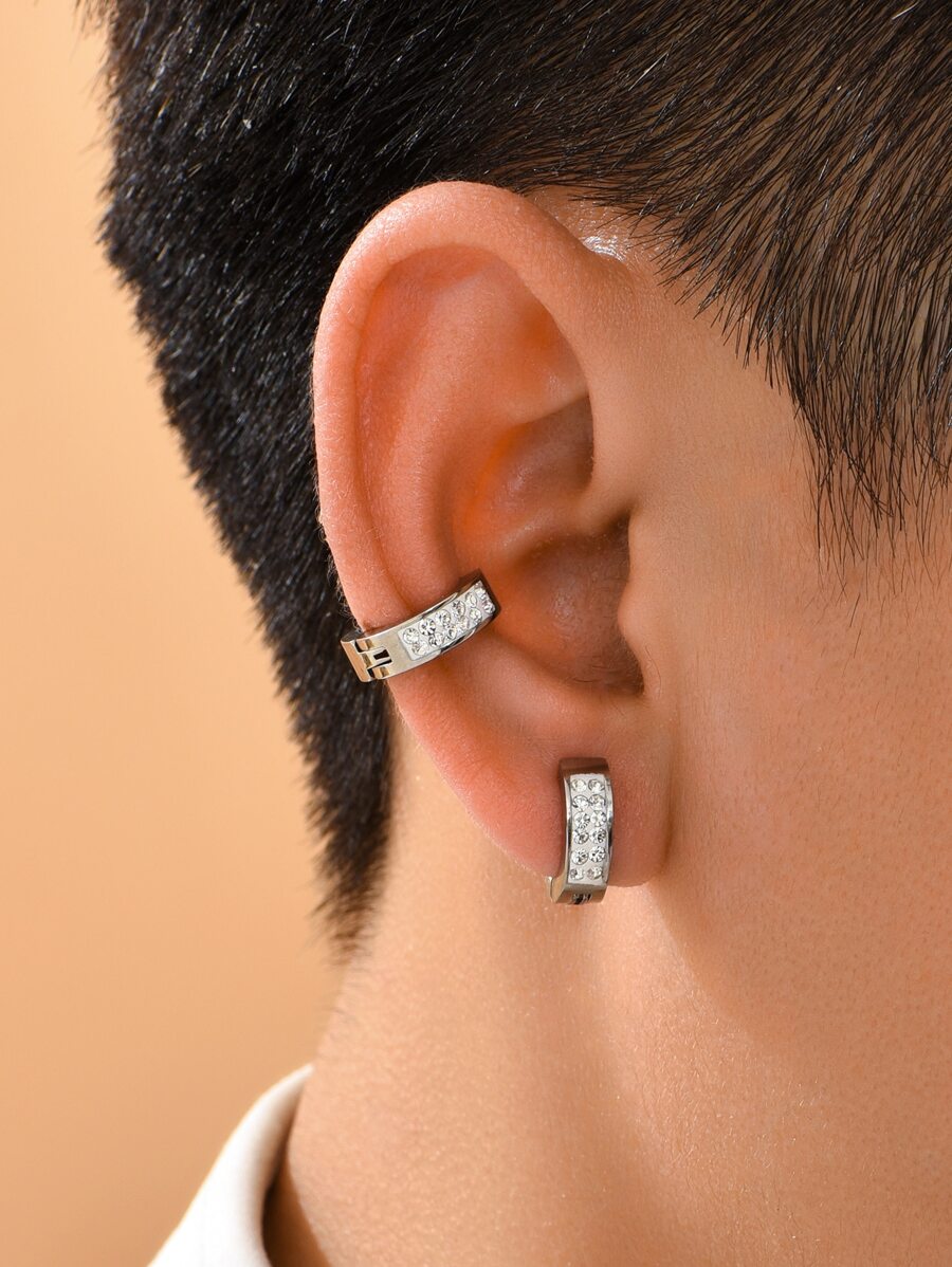 Cuff de oreja de decoración de circonita cúbica para hombres de moda y populares para fiesta y para una apariencia elegante - Plateado - Ver 1