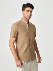 Manfinity VCAY 男士棉小高領襯衫 - 卡其色 - 查看 4