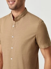 Manfinity VCAY 男士棉小高領襯衫 - 卡其色 - 查看 5