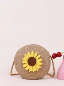 Mini Sunflower Decor Straw Bag,Perfect For Summer Beach Travel Vacation - Khaki - View 1