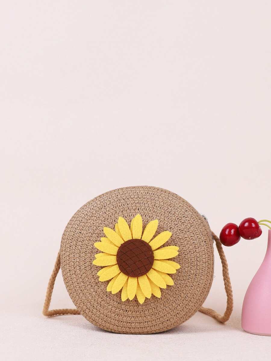 Mini Sunflower Decor Straw Bag,Perfect For Summer Beach Travel Vacation - Khaki - View 1