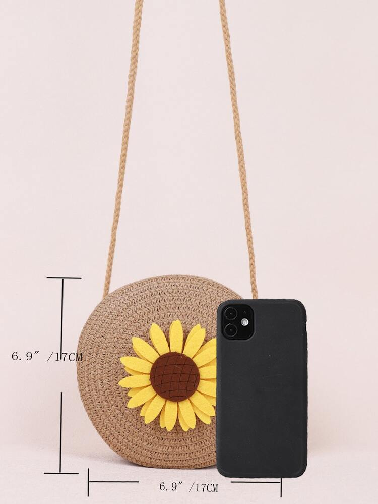 Mini Sunflower Decor Straw Bag,Perfect For Summer Beach Travel Vacation - Khaki - View 6