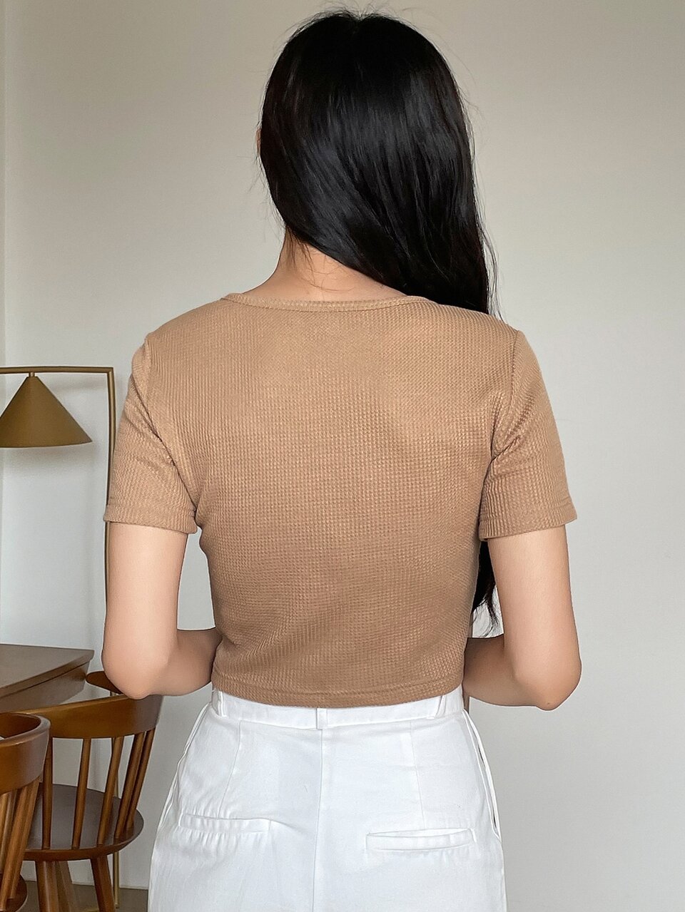 Notched Neck Rib Knit Tee