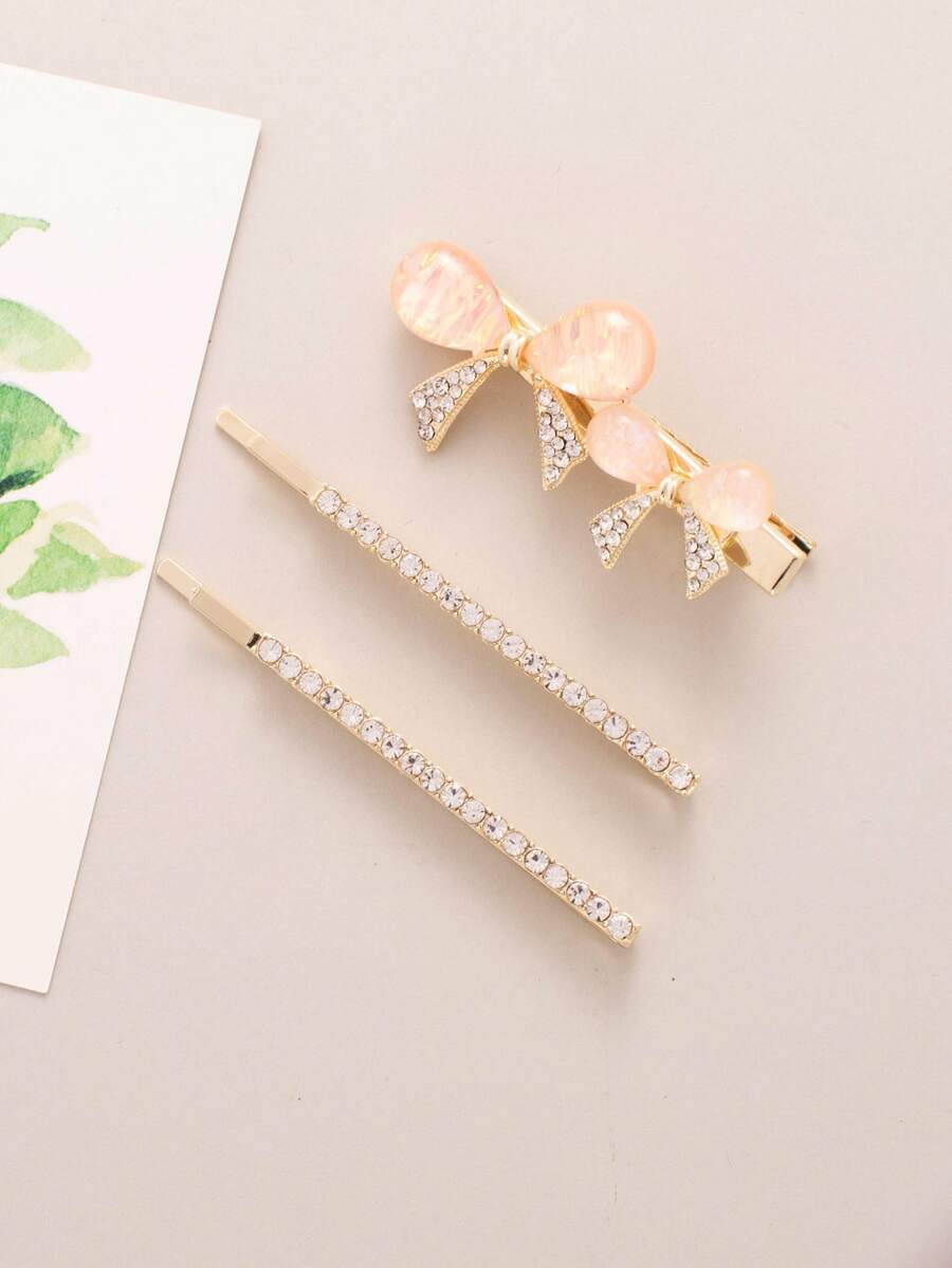 3 piezas Horquilla con diamante de imitación & con diseño de lazo - Multicolor - Ver 1
