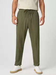 Manfinity NXTstreet Men Cotton Tie Waist Trousers - Army Green - View 5