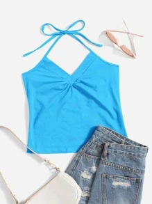 SHEIN EZwear Top halter unicolor con diseño fruncido - Azul menta - Ver 1