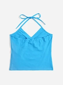 SHEIN EZwear Top halter unicolor con diseño fruncido - Azul menta - Ver 2