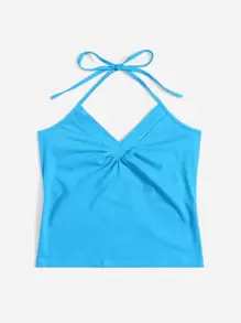 SHEIN EZwear Top halter unicolor con diseño fruncido - Azul menta - Ver 3