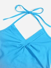 SHEIN EZwear Top halter unicolor con diseño fruncido - Azul menta - Ver 4