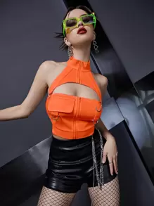 SHEIN VaVaLuxe 露背前挖空圓環和翻蓋細節掛脖上衣 - 橘色 - 查看 6