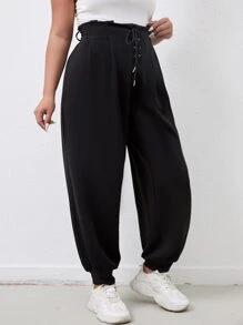 Flirla Quần Plus Size Ren lên Thùa khuyết màu trơn Giải trí - màu đen - Xem 1