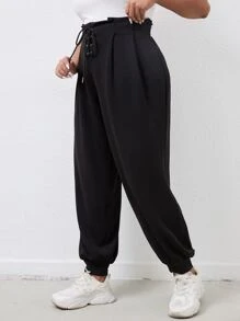 Flirla Quần Plus Size Ren lên Thùa khuyết màu trơn Giải trí - màu đen - Xem 4