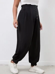 Flirla Quần Plus Size Ren lên Thùa khuyết màu trơn Giải trí - màu đen - Xem 5