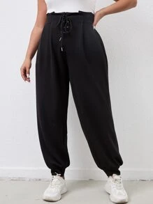 Flirla Quần Plus Size Ren lên Thùa khuyết màu trơn Giải trí - màu đen - Xem 7