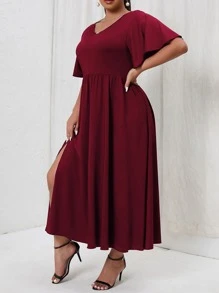 Vestido de manga mariposa de muslo con abertura - Burdeos - Ver 1