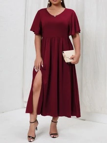 Vestido de manga mariposa de muslo con abertura - Burdeos - Ver 3