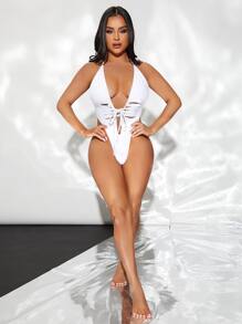 Swim SXY Lace Up Criss Cross One Piece Swimsuit,Summer Beach - White - View 4