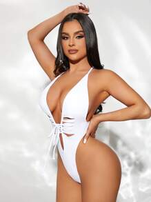Swim SXY Lace Up Criss Cross One Piece Swimsuit,Summer Beach - White - View 6