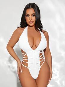 Swim SXY Phụ nữ một mảnh Ren lên màu trơn Gợi cảm - trắng - Xem 4