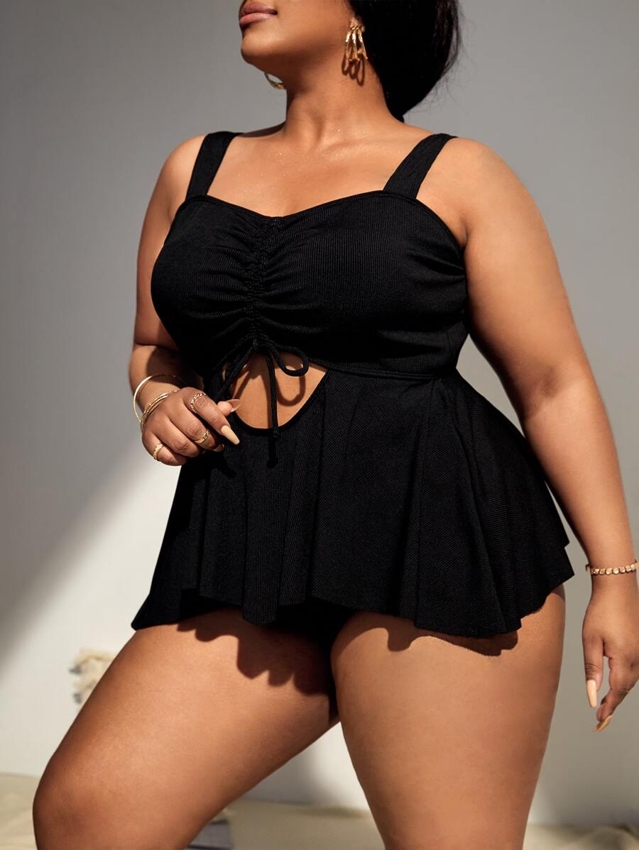 Tankini de talla grande con cordón acanalado y recorte para el verano y la playa - Negro - Ver 1