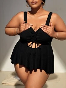 Tankini de talla grande con cordón acanalado y recorte para el verano y la playa - Negro - Ver 3