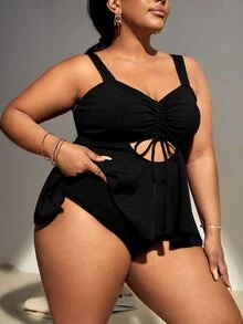 Tankini de talla grande con cordón acanalado y recorte para el verano y la playa - Negro - Ver 4