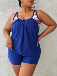 Swim Lushoire Plus Size Geo Print Cut Out Tankini Summer Beach