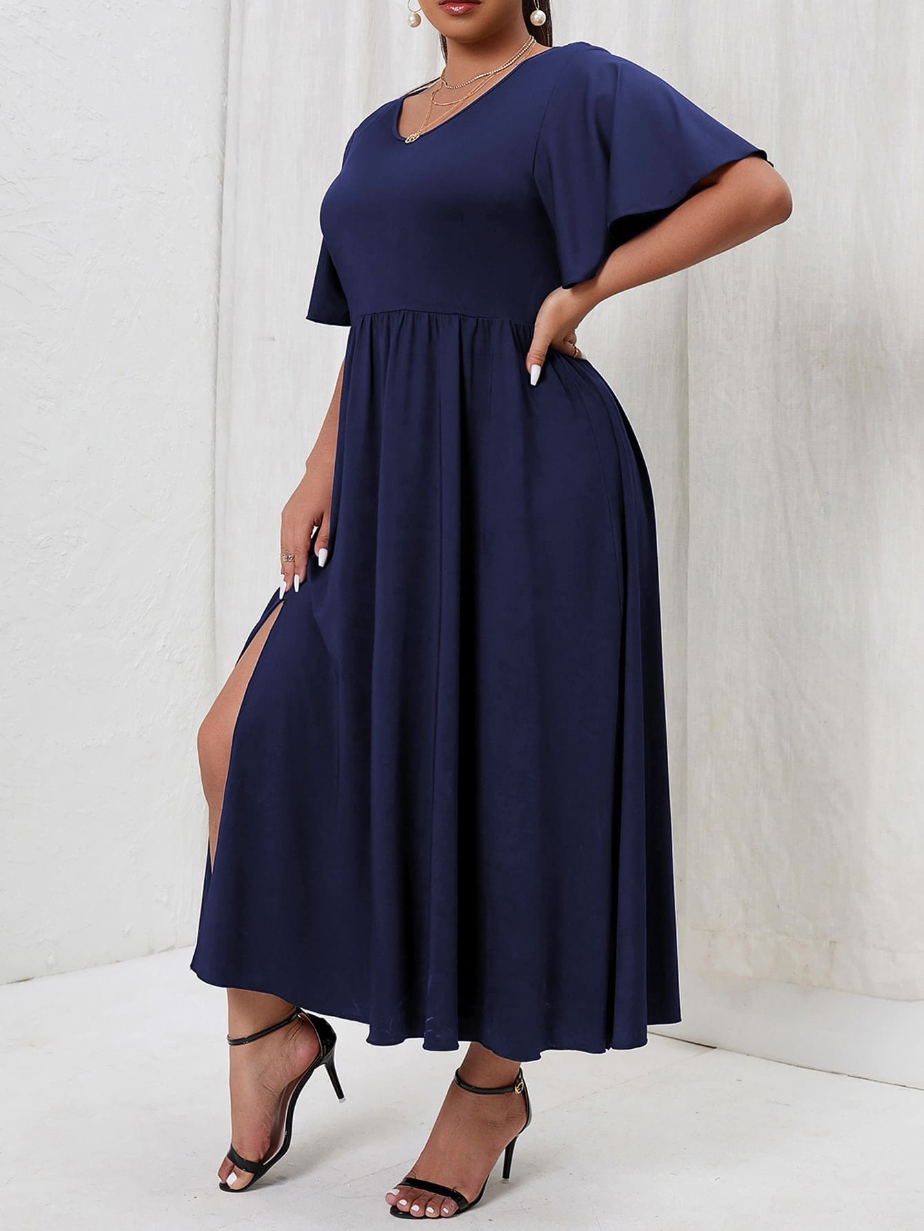 SHEIN Unity Vestido de manga mariposa de muslo con abertura - Azul Marino - Ver 1