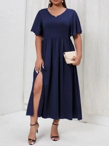 SHEIN Unity Vestido de manga mariposa de muslo con abertura - Azul Marino - Ver 3