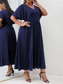 SHEIN Unity Vestido de manga mariposa de muslo con abertura - Azul Marino - Ver 4