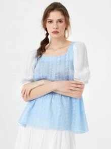 Mulvari Geo & Plant Embroidered Puff Sleeve Frilled Blouse - Baby Blue - View 1