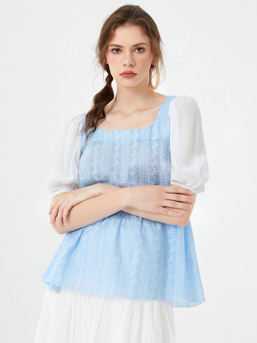 Mulvari Geo & Plant Embroidered Puff Sleeve Frilled Blouse - Baby Blue - View 1